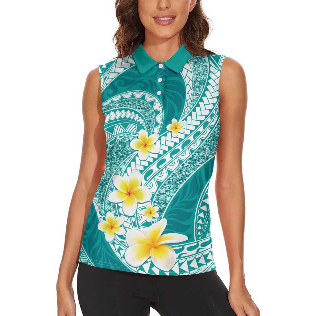 Plumeria Polynesian Teal Glitter Pattern Women Sleeveless Polo Shirt