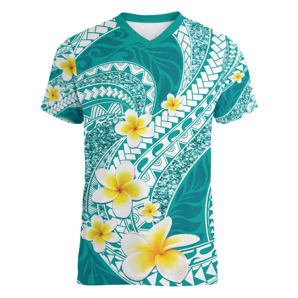 Plumeria Polynesian Teal Glitter Pattern Women V-Neck T-Shirt LT01 Female Teal - Polynesian Pride