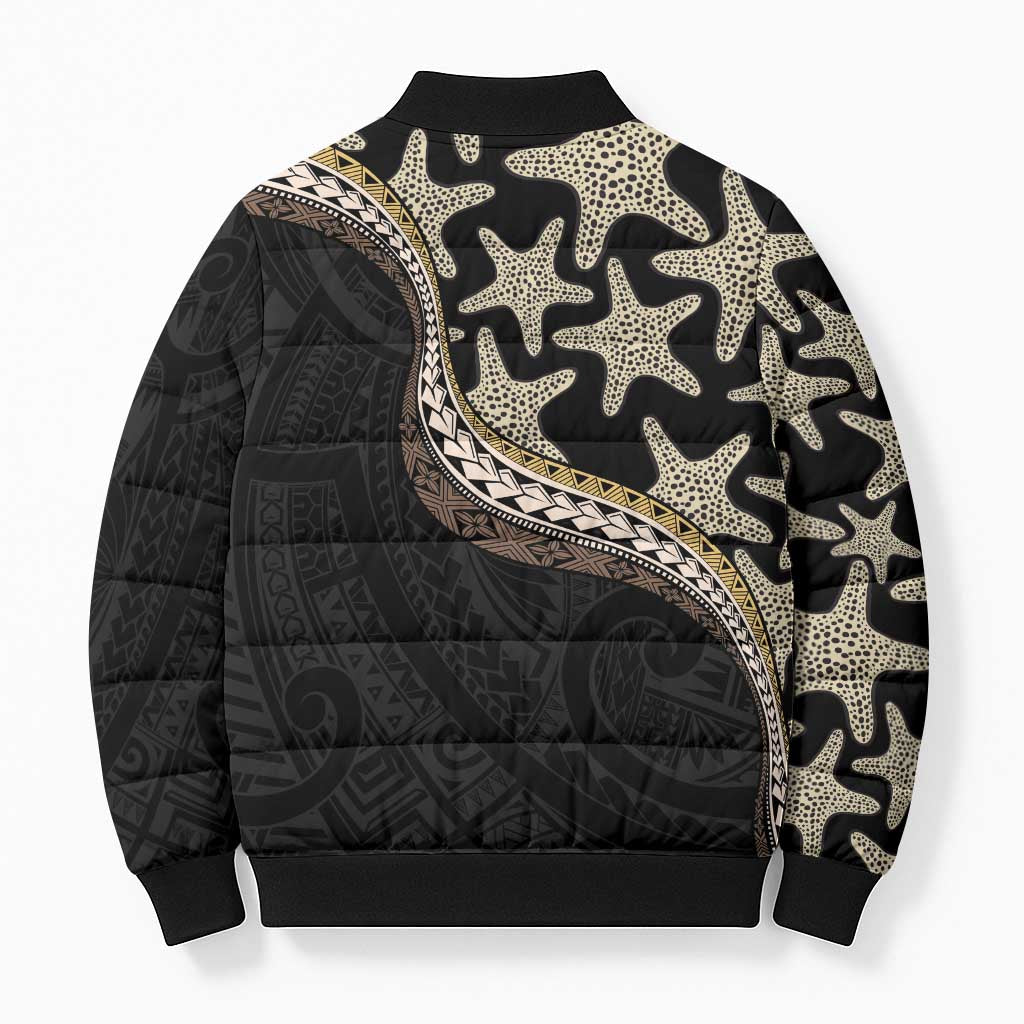 Beige Polynesian Starfish Unique Pattern Bomber Puffer Jacket