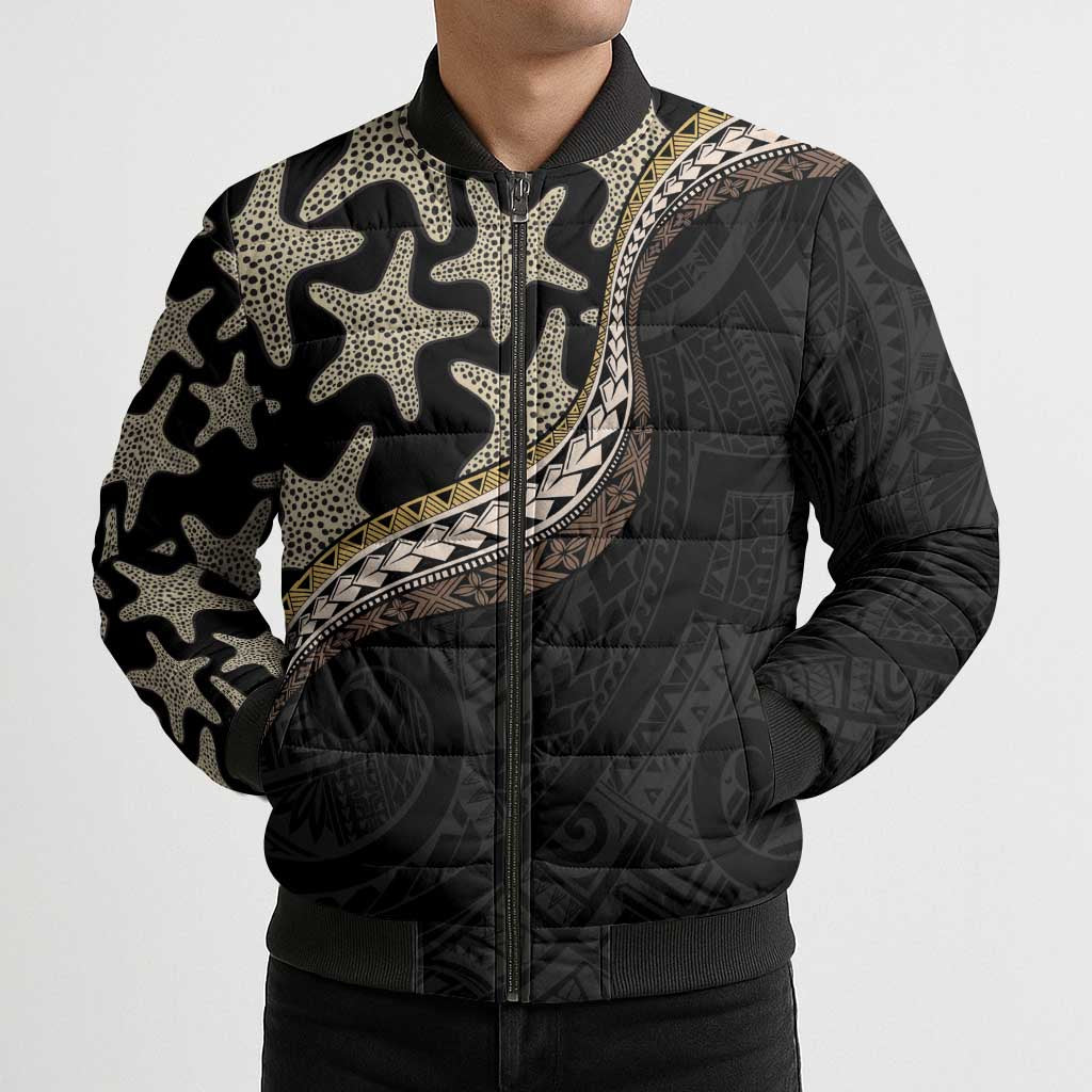 Beige Polynesian Starfish Unique Pattern Bomber Puffer Jacket