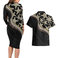 Beige Polynesian Starfish Unique Pattern Couples Matching Long Sleeve Bodycon Dress and Hawaiian Shirt LT01 - Polynesian Pride