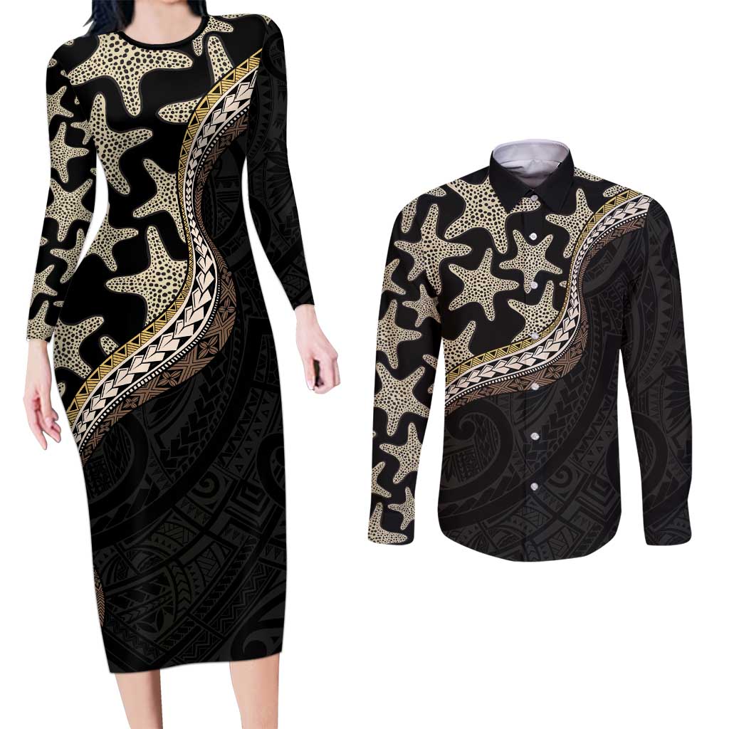 Beige Polynesian Starfish Unique Pattern Couples Matching Long Sleeve Bodycon Dress and Long Sleeve Button Shirt LT01 Beige - Polynesian Pride