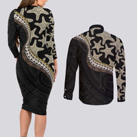Beige Polynesian Starfish Unique Pattern Couples Matching Long Sleeve Bodycon Dress and Long Sleeve Button Shirt LT01 - Polynesian Pride