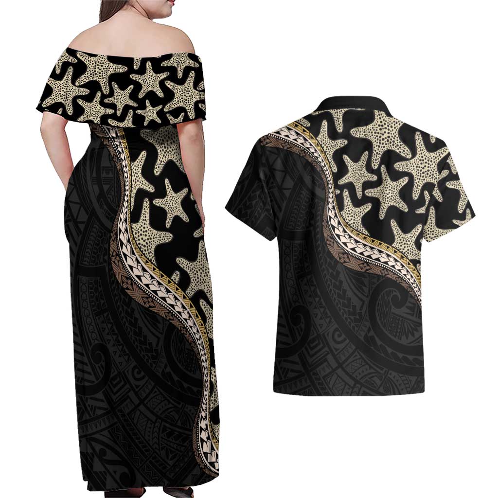 Beige Polynesian Starfish Unique Pattern Couples Matching Off Shoulder Maxi Dress and Hawaiian Shirt