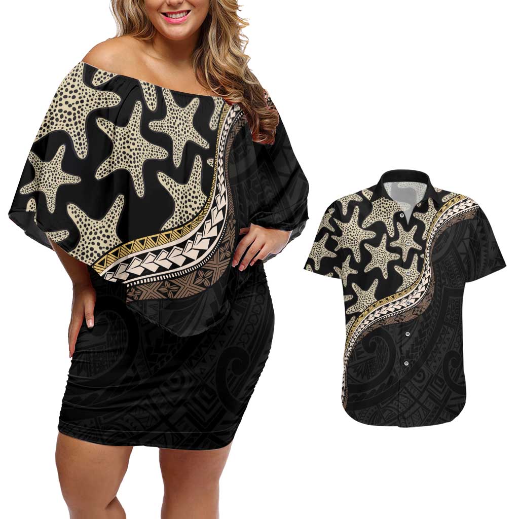 Beige Polynesian Starfish Unique Pattern Couples Matching Off Shoulder Short Dress and Hawaiian Shirt LT01 Beige - Polynesian Pride