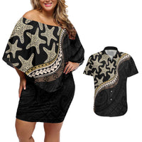 Beige Polynesian Starfish Unique Pattern Couples Matching Off Shoulder Short Dress and Hawaiian Shirt LT01 Beige - Polynesian Pride