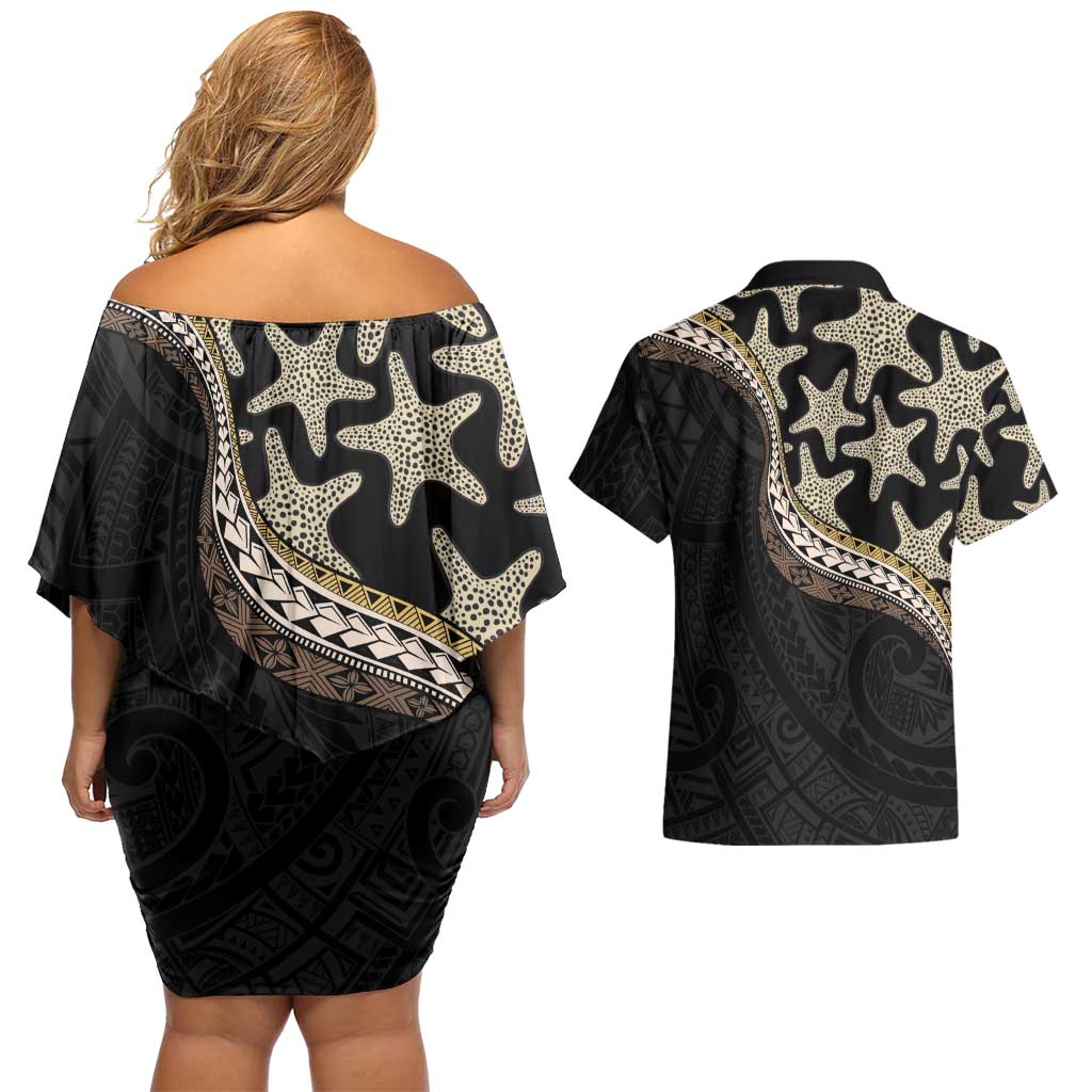 Beige Polynesian Starfish Unique Pattern Couples Matching Off Shoulder Short Dress and Hawaiian Shirt LT01 - Polynesian Pride