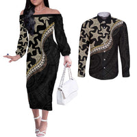 Beige Polynesian Starfish Unique Pattern Couples Matching Off The Shoulder Long Sleeve Dress and Long Sleeve Button Shirt LT01 Beige - Polynesian Pride