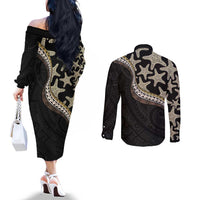 Beige Polynesian Starfish Unique Pattern Couples Matching Off The Shoulder Long Sleeve Dress and Long Sleeve Button Shirt LT01 - Polynesian Pride