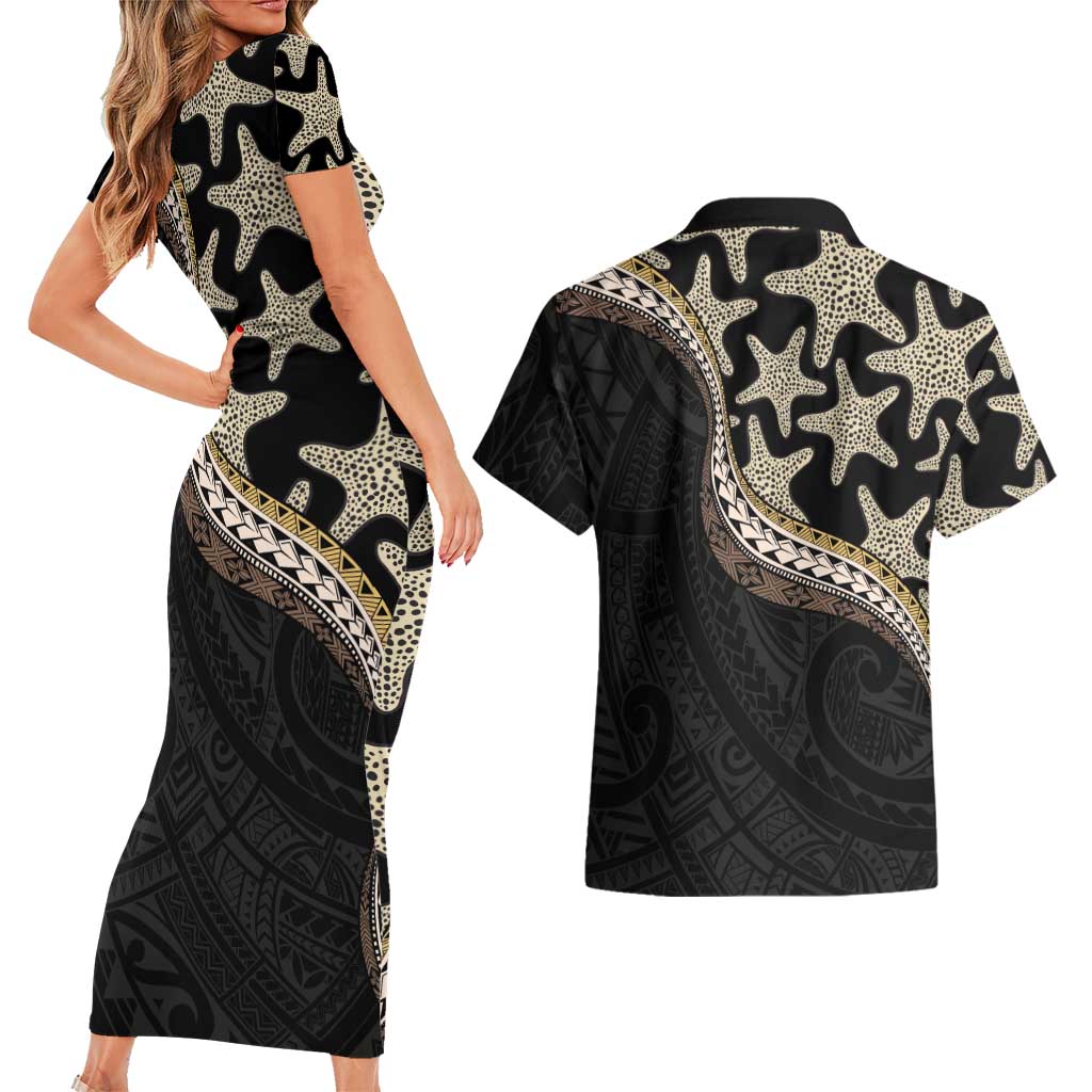 Beige Polynesian Starfish Unique Pattern Couples Matching Short Sleeve Bodycon Dress and Hawaiian Shirt