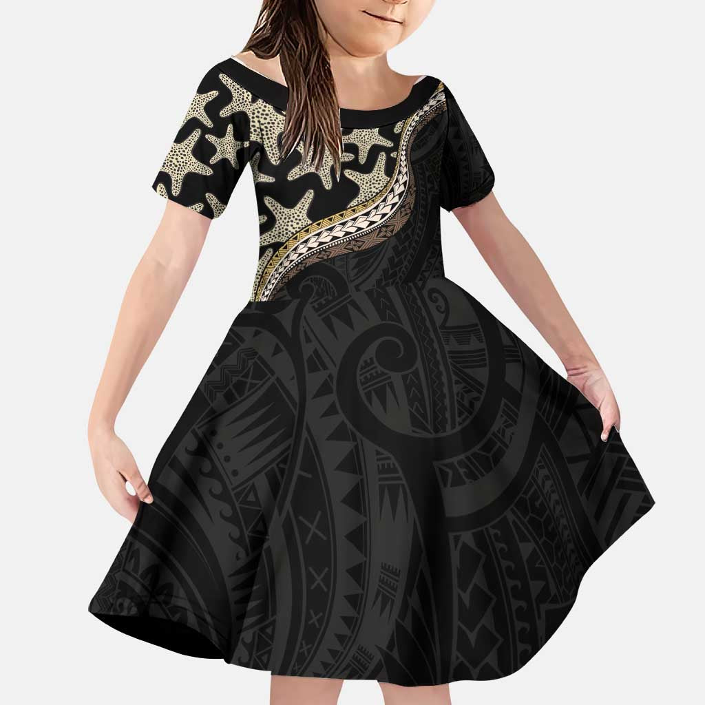 Beige Polynesian Starfish Unique Pattern Family Matching Long Sleeve Bodycon Dress and Hawaiian Shirt LT01 Daughter's Dress Beige - Polynesian Pride