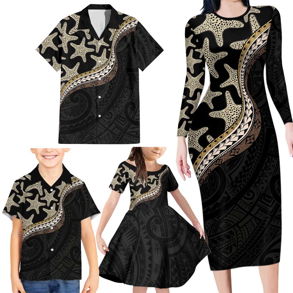 Beige Polynesian Starfish Unique Pattern Family Matching Long Sleeve Bodycon Dress and Hawaiian Shirt LT01 - Polynesian Pride