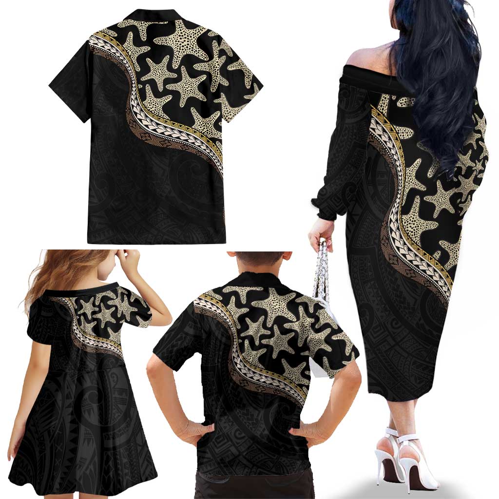 Beige Polynesian Starfish Unique Pattern Family Matching Off The Shoulder Long Sleeve Dress and Hawaiian Shirt LT01 - Polynesian Pride