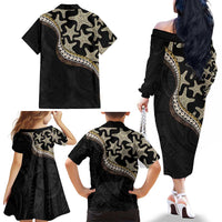 Beige Polynesian Starfish Unique Pattern Family Matching Off The Shoulder Long Sleeve Dress and Hawaiian Shirt LT01 - Polynesian Pride