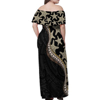 Beige Polynesian Starfish Unique Pattern Family Matching Off Shoulder Maxi Dress and Hawaiian Shirt