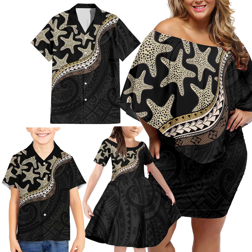 Beige Polynesian Starfish Unique Pattern Family Matching Off Shoulder Short Dress and Hawaiian Shirt LT01 - Polynesian Pride