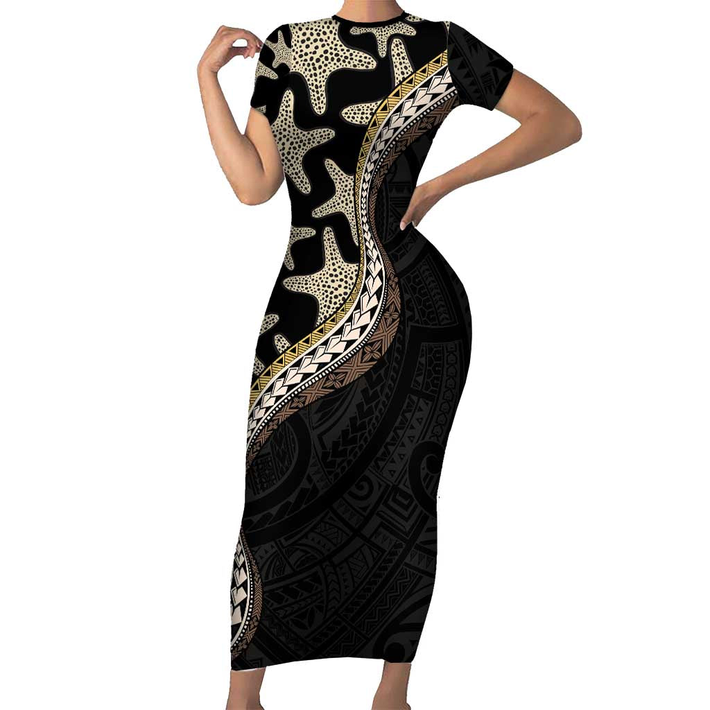 Beige Polynesian Starfish Unique Pattern Family Matching Short Sleeve Bodycon Dress and Hawaiian Shirt LT01 Mom's Dress Beige - Polynesian Pride