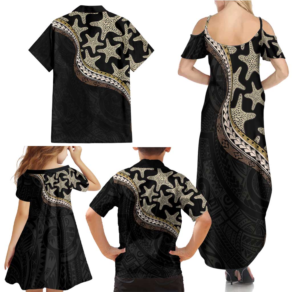 Beige Polynesian Starfish Unique Pattern Family Matching Summer Maxi Dress and Hawaiian Shirt