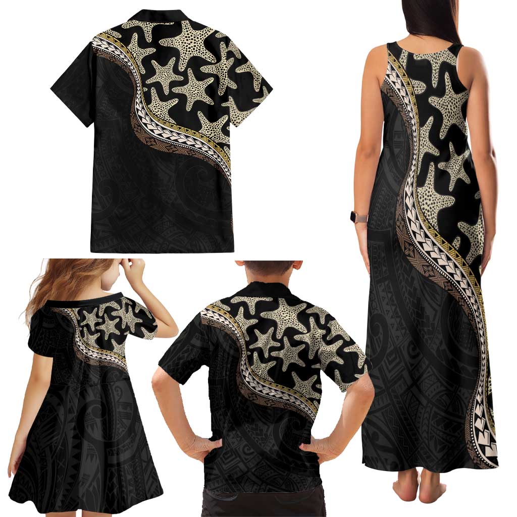 Beige Polynesian Starfish Unique Pattern Family Matching Tank Maxi Dress and Hawaiian Shirt