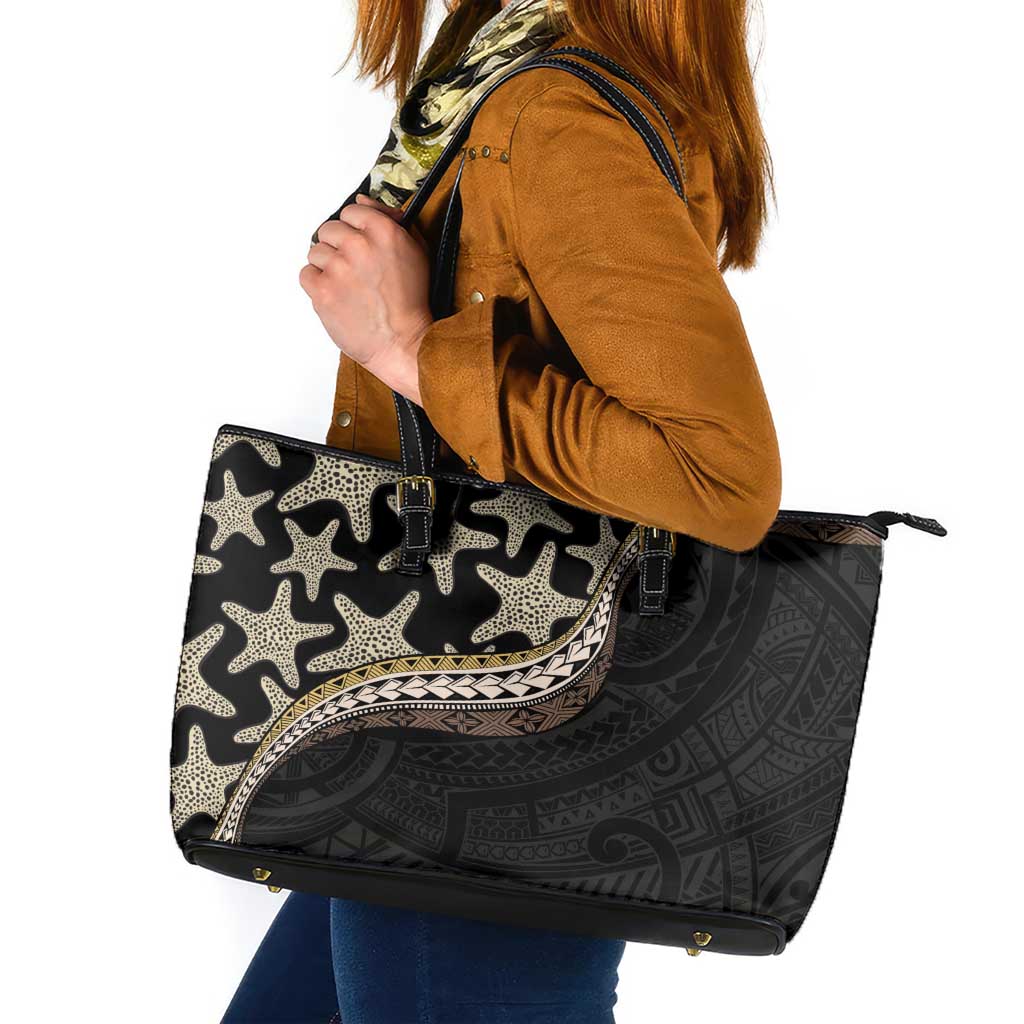 Beige Polynesian Starfish Unique Pattern Leather Tote Bag