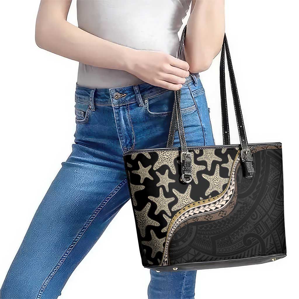 Beige Polynesian Starfish Unique Pattern Leather Tote Bag