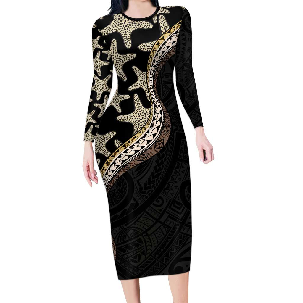 Beige Polynesian Starfish Unique Pattern Long Sleeve Bodycon Dress LT01 Long Dress Beige - Polynesian Pride