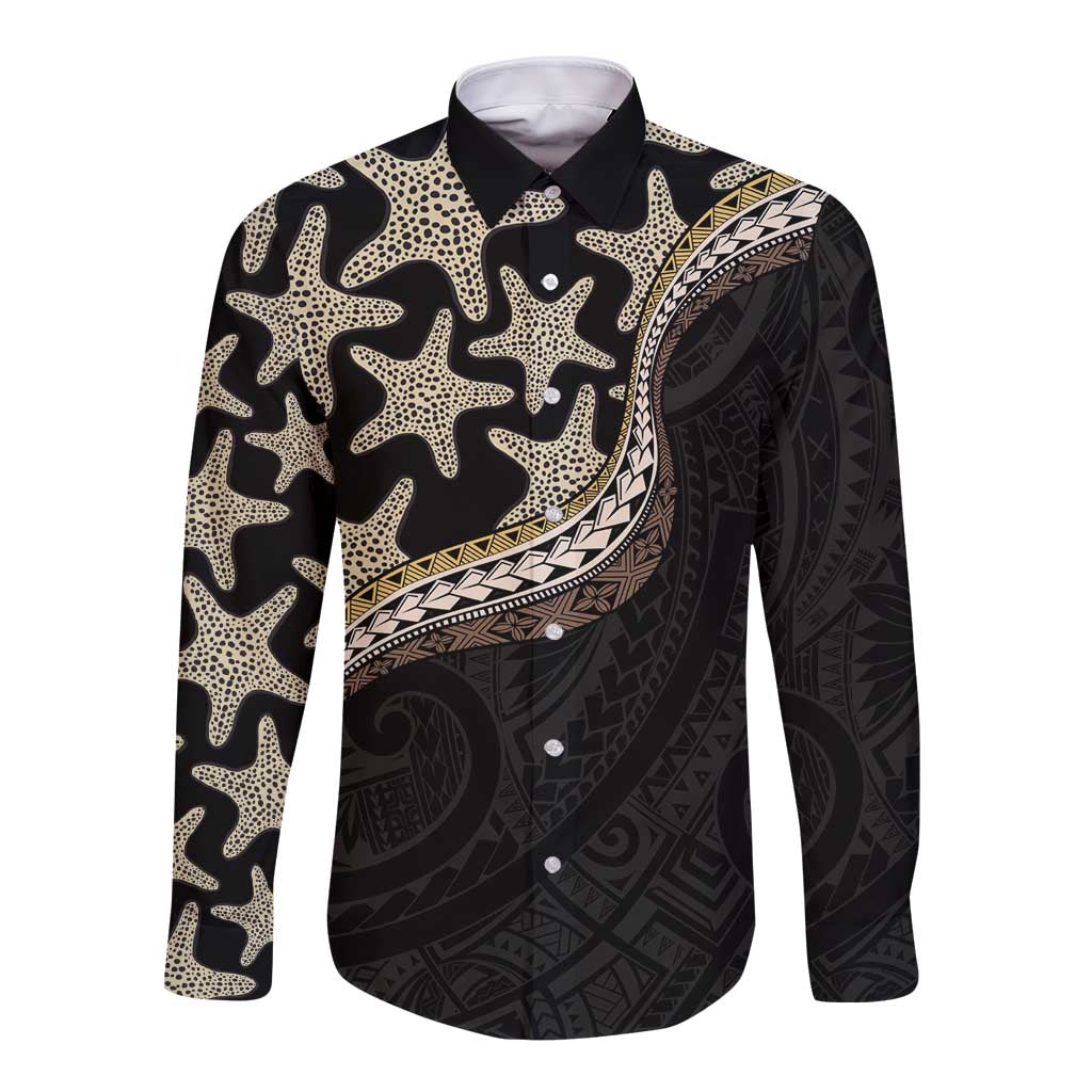 Beige Polynesian Starfish Unique Pattern Long Sleeve Button Shirt LT01 Unisex Beige - Polynesian Pride