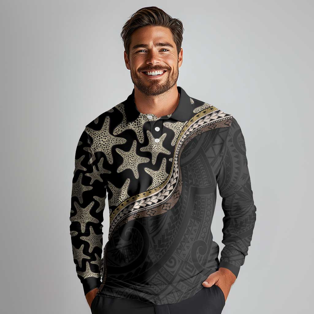 Beige Polynesian Starfish Unique Pattern Long Sleeve Polo Shirt LT01 - Polynesian Pride