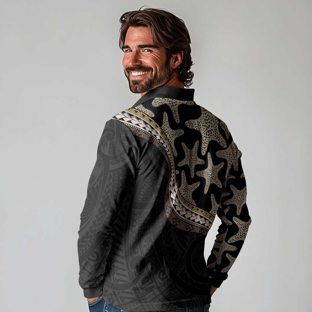 Beige Polynesian Starfish Unique Pattern Long Sleeve Polo Shirt LT01 - Polynesian Pride