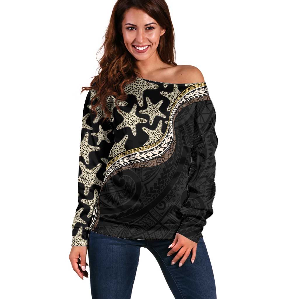 Beige Polynesian Starfish Unique Pattern Off Shoulder Sweater LT01 Women Beige - Polynesian Pride