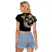 Beige Polynesian Starfish Unique Pattern Raglan Cropped T Shirt