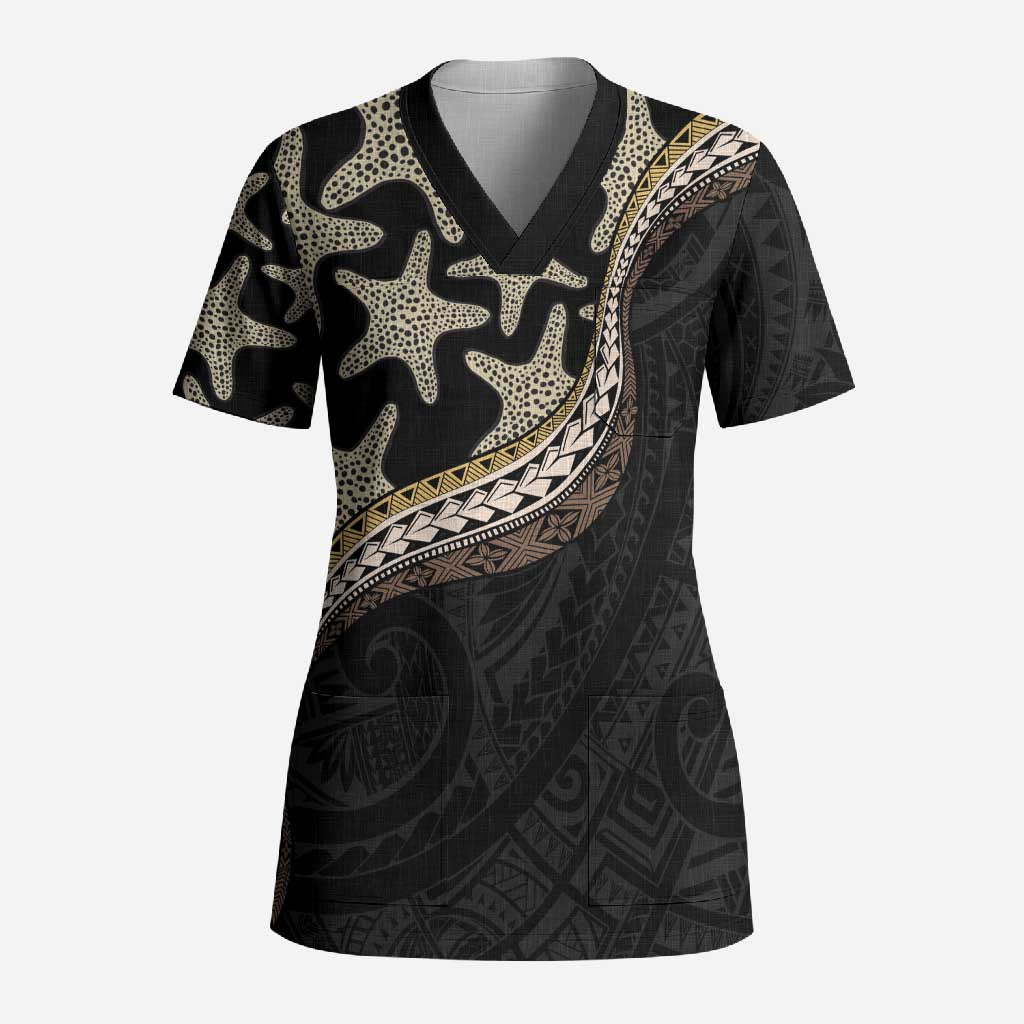 Beige Polynesian Starfish Unique Pattern Scrub Top LT01 Adult Beige - Polynesian Pride