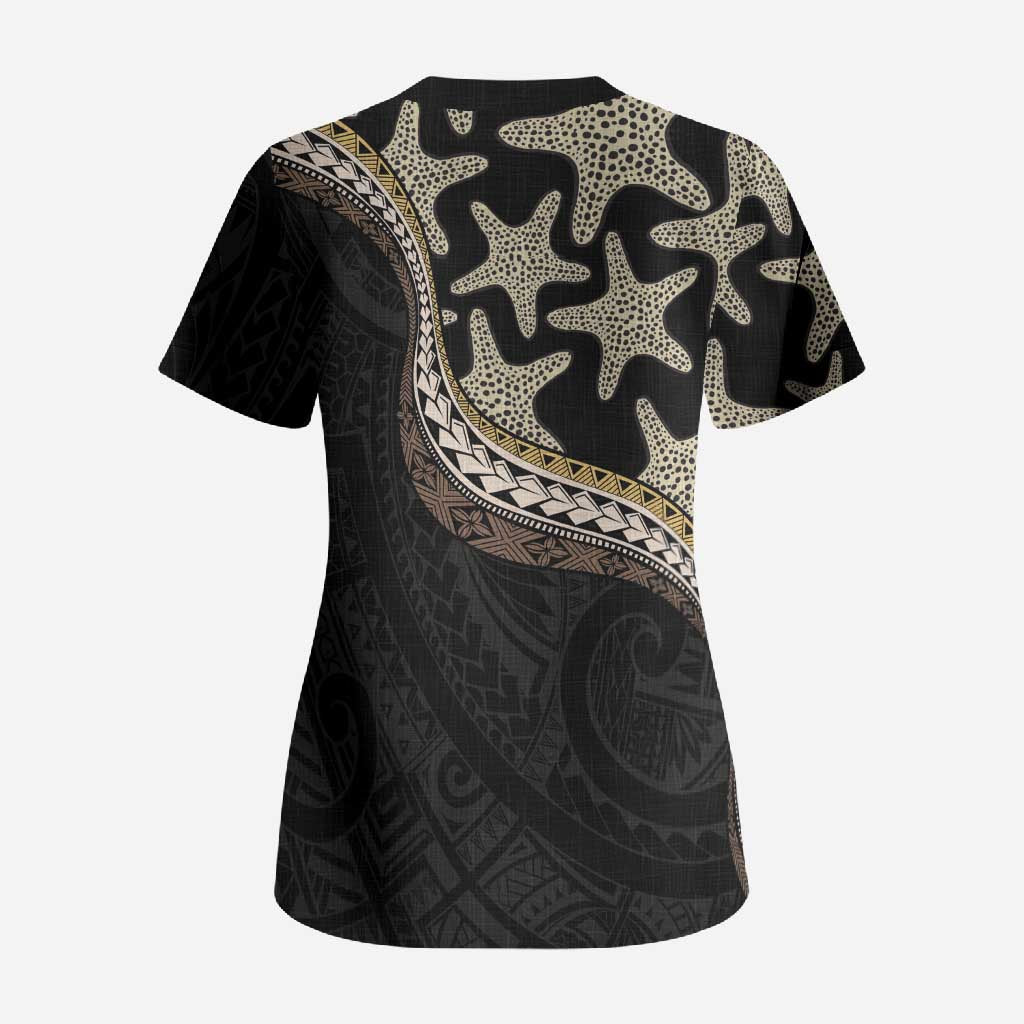 Beige Polynesian Starfish Unique Pattern Scrub Top LT01 - Polynesian Pride