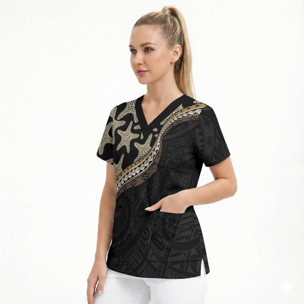 Beige Polynesian Starfish Unique Pattern Scrub Top LT01 - Polynesian Pride