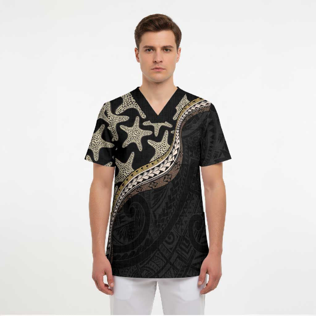Beige Polynesian Starfish Unique Pattern Scrub Top LT01 - Polynesian Pride