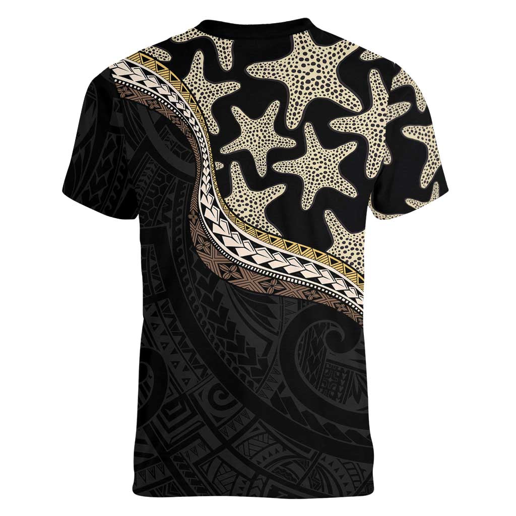 Beige Polynesian Starfish Unique Pattern Women V-Neck T-Shirt