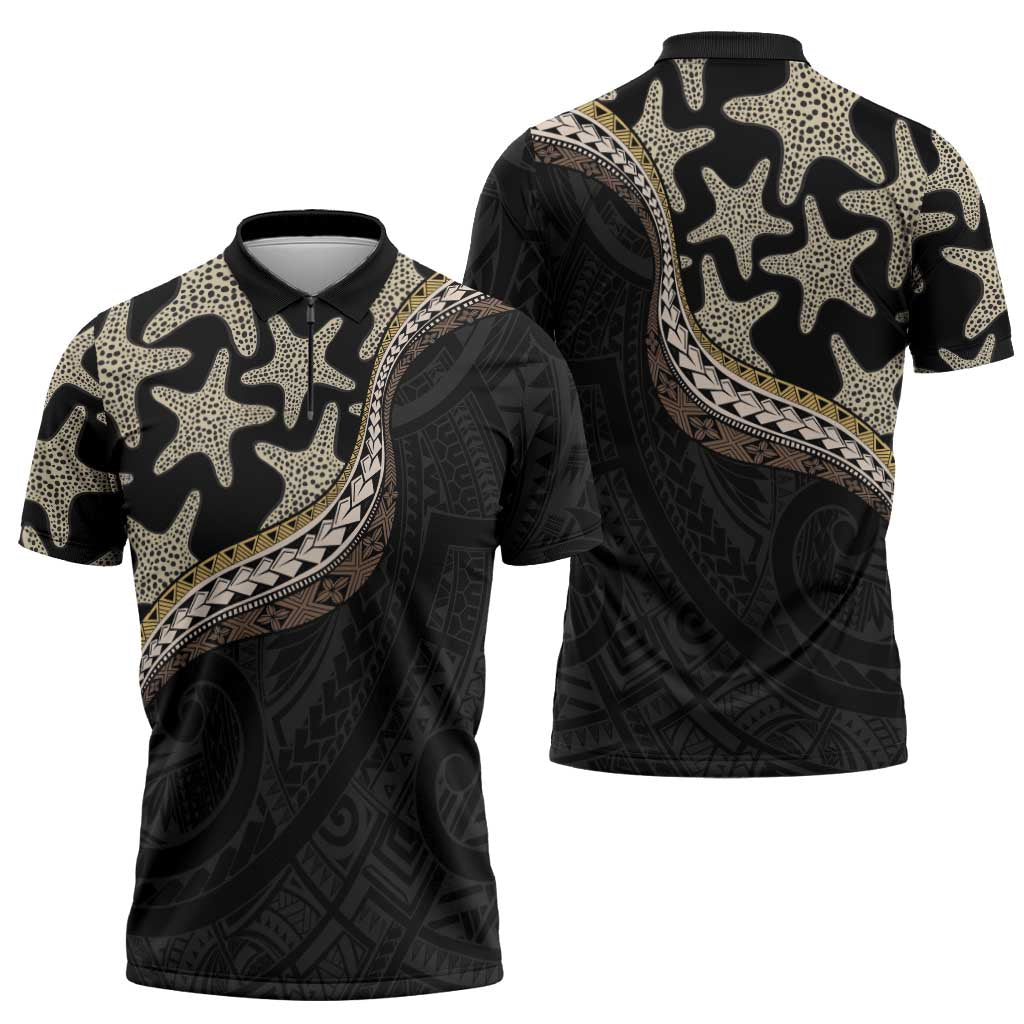 Beige Polynesian Starfish Unique Pattern Zipper Polo Shirt LT01 - Polynesian Pride