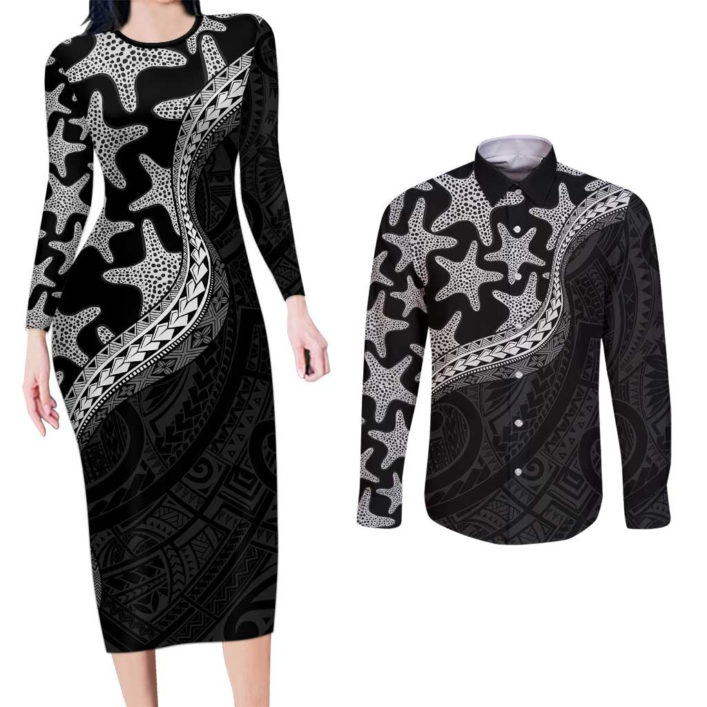 Monotone Polynesian Starfish Unique Pattern Couples Matching Long Sleeve Bodycon Dress and Long Sleeve Button Shirt LT01 Black - Polynesian Pride