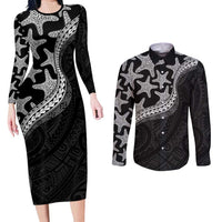 Monotone Polynesian Starfish Unique Pattern Couples Matching Long Sleeve Bodycon Dress and Long Sleeve Button Shirt LT01 Black - Polynesian Pride