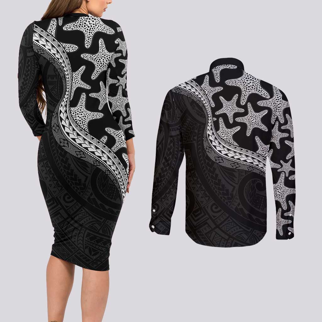 Monotone Polynesian Starfish Unique Pattern Couples Matching Long Sleeve Bodycon Dress and Long Sleeve Button Shirt LT01 - Polynesian Pride