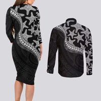 Monotone Polynesian Starfish Unique Pattern Couples Matching Long Sleeve Bodycon Dress and Long Sleeve Button Shirt LT01 - Polynesian Pride