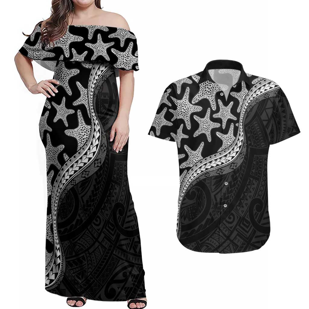 Monotone Polynesian Starfish Unique Pattern Couples Matching Off Shoulder Maxi Dress and Hawaiian Shirt LT01 Black - Polynesian Pride