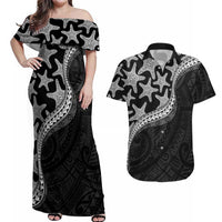 Monotone Polynesian Starfish Unique Pattern Couples Matching Off Shoulder Maxi Dress and Hawaiian Shirt LT01 Black - Polynesian Pride