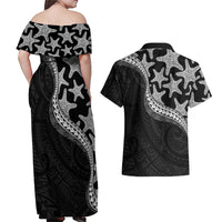 Monotone Polynesian Starfish Unique Pattern Couples Matching Off Shoulder Maxi Dress and Hawaiian Shirt LT01 - Polynesian Pride