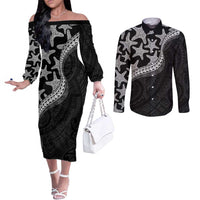Monotone Polynesian Starfish Unique Pattern Couples Matching Off The Shoulder Long Sleeve Dress and Long Sleeve Button Shirt