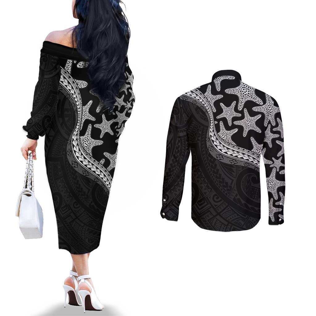 Monotone Polynesian Starfish Unique Pattern Couples Matching Off The Shoulder Long Sleeve Dress and Long Sleeve Button Shirt