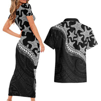 Monotone Polynesian Starfish Unique Pattern Couples Matching Short Sleeve Bodycon Dress and Hawaiian Shirt LT01 - Polynesian Pride