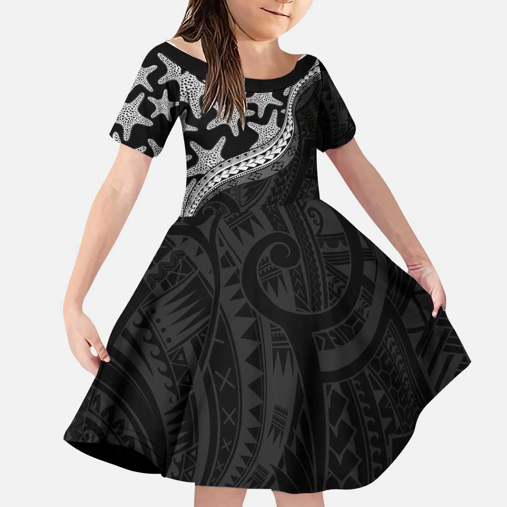 Monotone Polynesian Starfish Unique Pattern Family Matching Long Sleeve Bodycon Dress and Hawaiian Shirt LT01 Daughter's Dress Black - Polynesian Pride