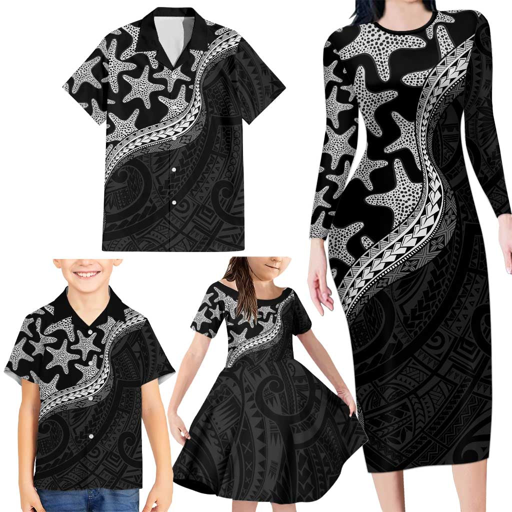 Monotone Polynesian Starfish Unique Pattern Family Matching Long Sleeve Bodycon Dress and Hawaiian Shirt LT01 - Polynesian Pride