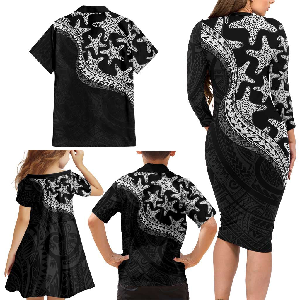 Monotone Polynesian Starfish Unique Pattern Family Matching Long Sleeve Bodycon Dress and Hawaiian Shirt LT01 - Polynesian Pride
